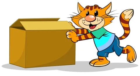 Cartoon cat pushing a box Stock Illustration