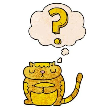 Cartoon cat with question mark and thought bubble in grunge texture pattern s Stockillustratie