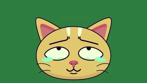 A cartoon cat with sad look on its face and yellow blue eyes green background Stock Footage 336890209