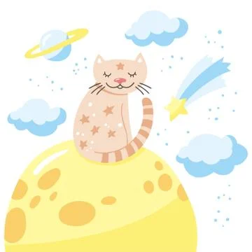 Cartoon cat sitting on the moon. Vector illustration with cute kitty and cloudy Stock Illustration
