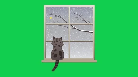 Cartoon cat sitting on a window ledge on green screen great for animation Stock Footage 309102099