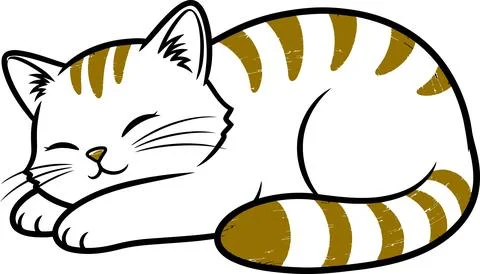Cartoon cat is sleeping peacefully, featuring brown striped fur and a serene  Stock Illustration