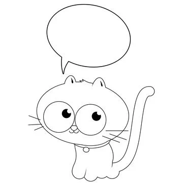 Cartoon cat with a speech bubble. Vector black and white coloring page. Stock Illustration