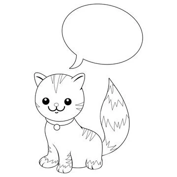 Cartoon cat with a speech bubble. Vector black and white coloring page. Stock Illustration