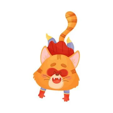 Cartoon cat superhero jumping down. Vector illustration on a white background. Stock Illustration