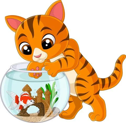 Cartoon cat trying to get a fish from aquarium Stock Illustration