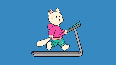 A cartoon cat is walking on a treadmill Stock Footage 306537072