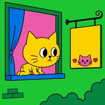 Cartoon Cat in Window with Sign Stock Illustration