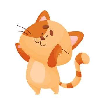 Cartoon cat yogi stands raising his hands up. Vector illustration. Ilustración de archivo