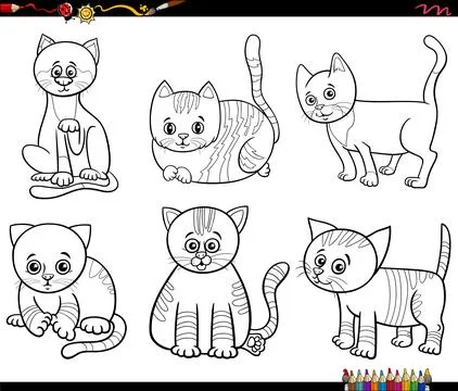 Cartoon cats and kittens comic characters set coloring page 스톡 일러스트