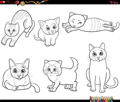 Cartoon cats and kittens comic characters set coloring page Stock Illustration