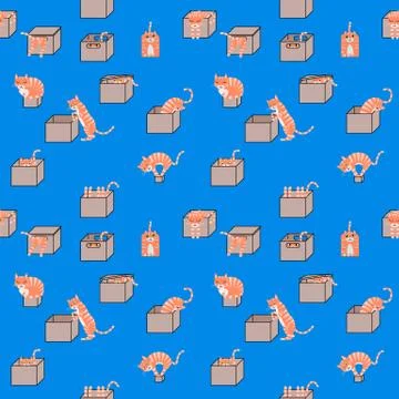 Cartoon cats in boxes seamless pattern Stock Illustration