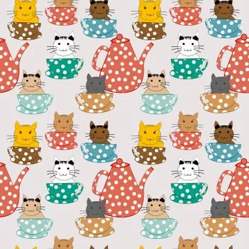 Cartoon cats in cups seamless pattern Stock Illustration