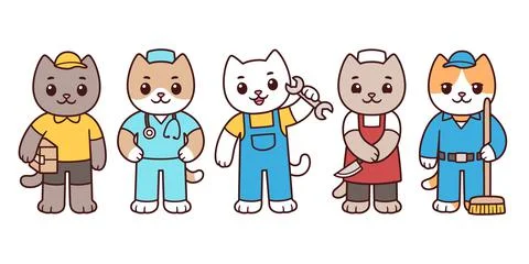 Cartoon cats professions, workers characters Stock Illustration