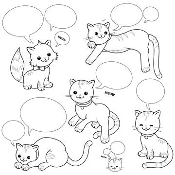 Cartoon cats with speech bubbles. Vector black and white coloring page. Stock Illustration