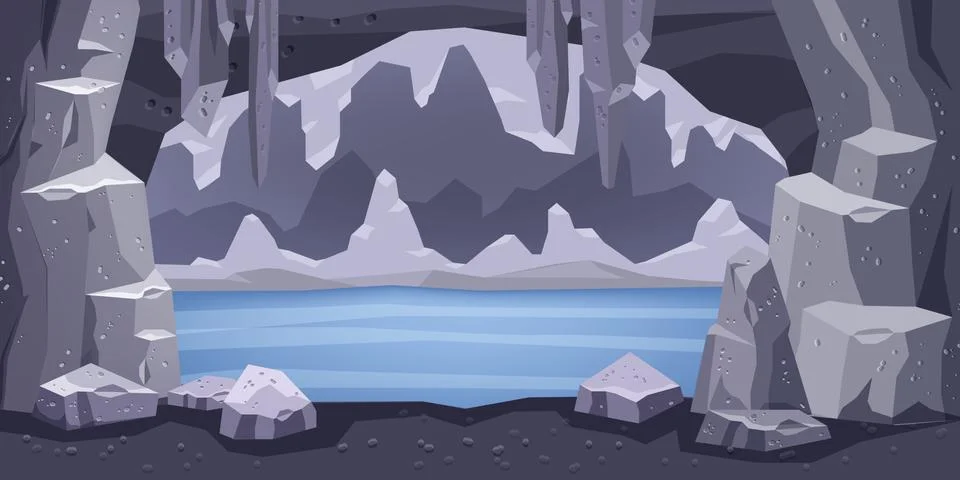 Cartoon cave background, vector underground lake landscape Stock Illustration