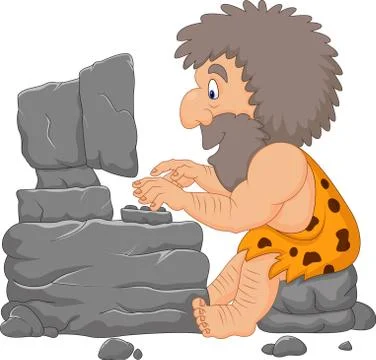 Cartoon caveman using a stone computer Stock Illustration