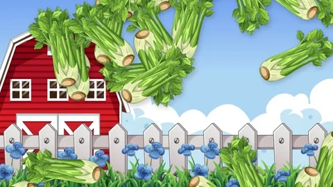Cartoon Celery Falling Over Red Farm Barn and White Fence Background Stock Footage 339527566