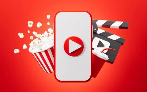 Cartoon cellphone, clapper board and popcorn on red background, online movi.. Stock Illustration