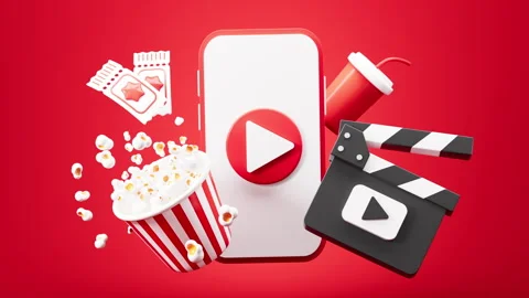 Cartoon cellphone, clapper board , splashing popcorn ,film tickets on red b.. Stock Footage 291525322