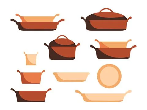 Cartoon ceramic cookware set, pots, pans, saucepans and utensils tools cookin Stock Illustration