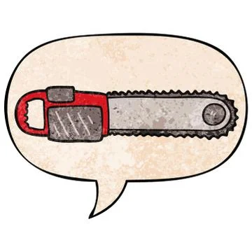 Cartoon chainsaw and speech bubble in retro texture style Illustrazione stock