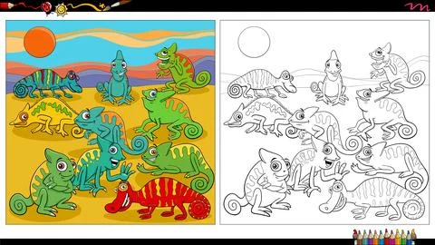 Cartoon chameleons animals comic characters group coloring page Ilustración de archivo