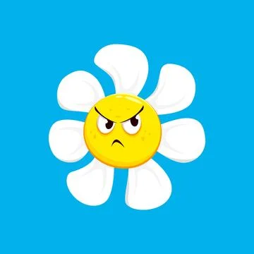 Cartoon chamomile, daisy flower with grumpy face Stock Illustration