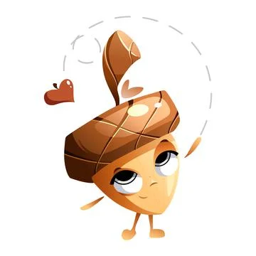 Cartoon character acorn throws a leaf in the form of a heart into the air, an Stock Illustration