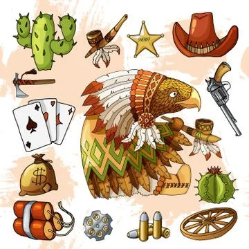Cartoon character american eagle with set of classic western items design print Stock Illustration