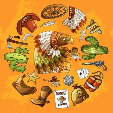Cartoon character american eagle set of classic western items round design print Stock Illustration