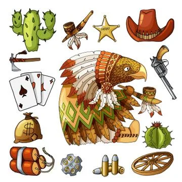 Cartoon character american eagle with set of classic western items design print Stock Illustration