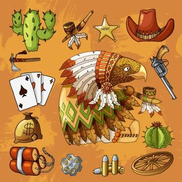 Cartoon character american eagle with set of classic western items design print Stock Illustration