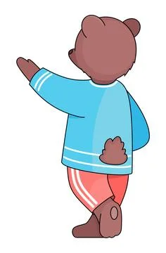 Cartoon character of bear standing back with raised paw, animal in shirt, pants Stock Illustration