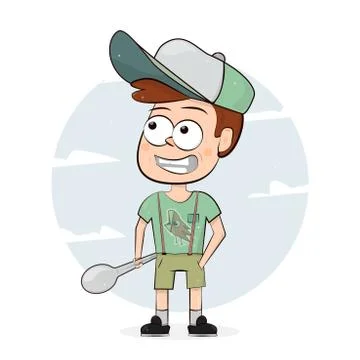 Cartoon character boy with a spoon. Elements of web design for kindergarten,  Stock Illustration
