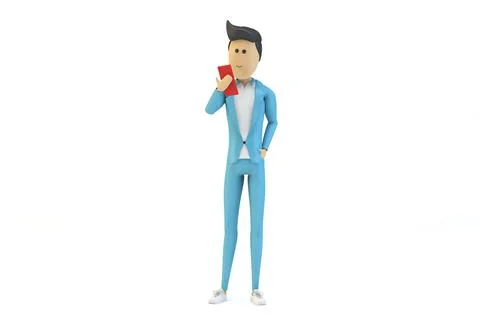 Cartoon character browsing smartphone Stock Illustration