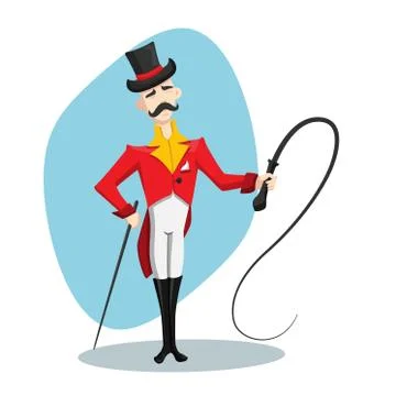 A cartoon character, a circus trainer with a whip in his hand with a hat on h Stock Illustration