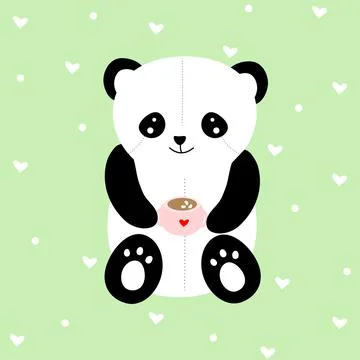 Cartoon character of cute bamboo bear. Panda holdind cup of cofee with marshm Stock Illustration