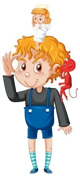 Cartoon character with devil and angel fighting in thought Stock Illustration