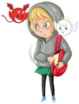 Cartoon character with devil and angel fighting in thought Stock Illustration