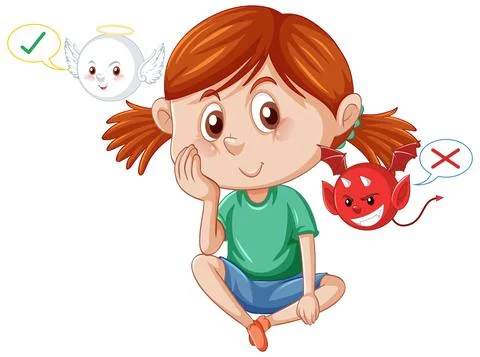 Cartoon character with devil and angel fighting in thought Stock Illustration