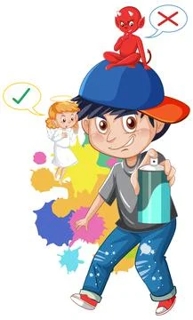 Cartoon character with devil and angel fighting in thought Stock Illustration