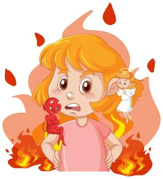 Cartoon character with devil and angel fighting in thought Stock Illustration