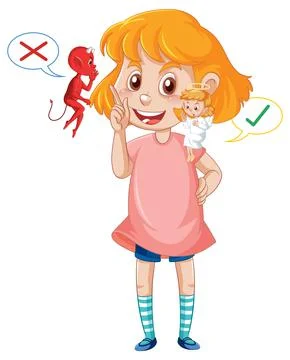 Cartoon character with devil and angel fighting in thought Stock Illustration