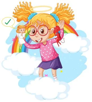 Cartoon character with devil and angel fighting in thought Stock Illustration
