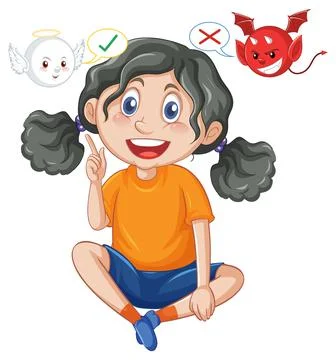 Cartoon character with devil and angel fighting in thought Stock Illustration
