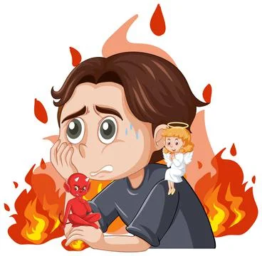 Cartoon character with devil and angel fighting in thought Stock Illustration
