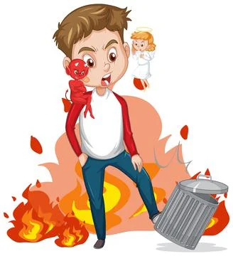 Cartoon character with devil and angel fighting in thought Stock Illustration