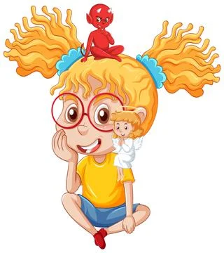 Cartoon character with devil and angel fighting in thought Stock Illustration