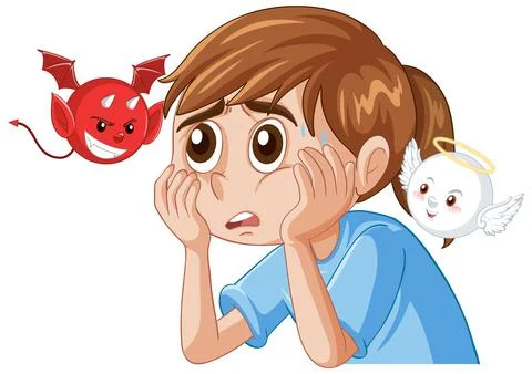 Cartoon character with devil and angel fighting in thought Stock Illustration